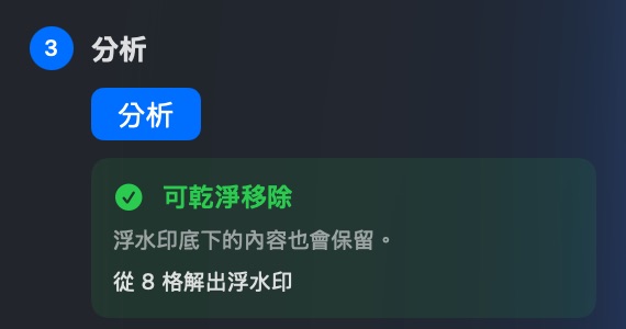 Alphade 的分析結果：可乾淨移除，從 8 格解出浮水印。