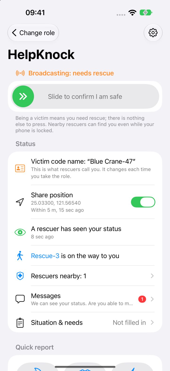 HelpKnock broadcasting for a person who needs help, with a slider to confirm they are safe and a note that a rescuer has seen their status.