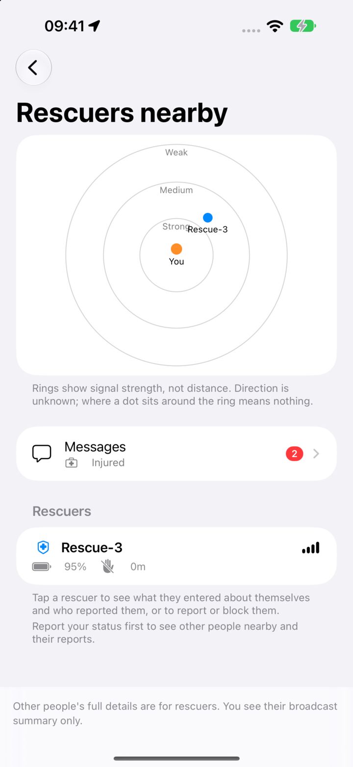 Rescuers nearby, as seen by a person who needs help: a radar, unread messages and a rescuer's card.