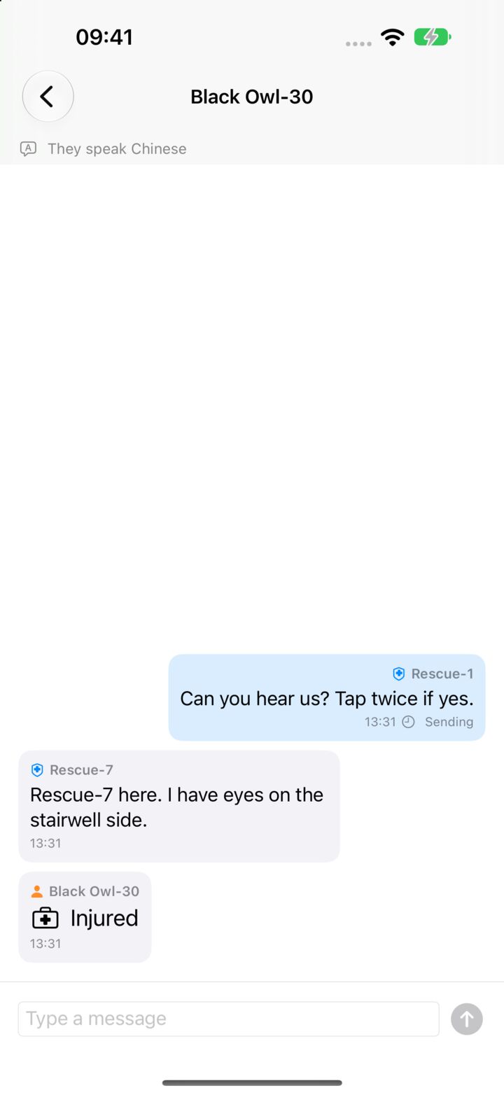 Messages between rescuers and a person who needs help, including a one-tap Injured report.